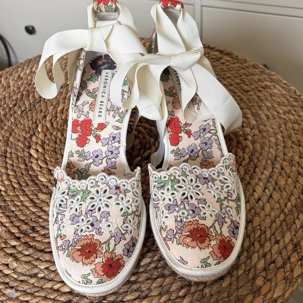 Veronica Beard Floral Embroidered Lace up Wedge Espadrille 8.5